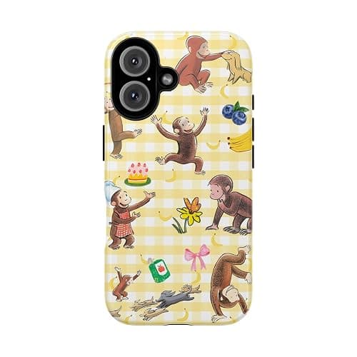 Curious Monkey & Banana George Coquette Photo Phone Case Compatible with iPhone 12/12Pro, Protective Hybrid 2-Layer Hard Shell, Cute Curious Monkey Collection Gingham Bow thumbnail 4