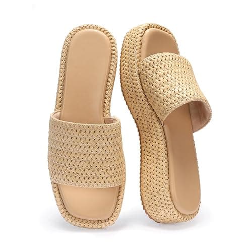 Monrovia Platform Sandals Women Raffia Espadrille Slides, Woven Straw Flatform Beach Sandals Women, Slip On Summer Vacation Shoes, Comfortable Casual Daily Wear - Image 1