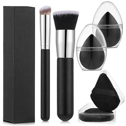 6Pcs Foundation Brush for Liquid Makeup,Liquid Foundation Brush with Makeup Sponge and Powder Puff for Foundation, Powder, Blush, and Concealer(Black) - Image 1