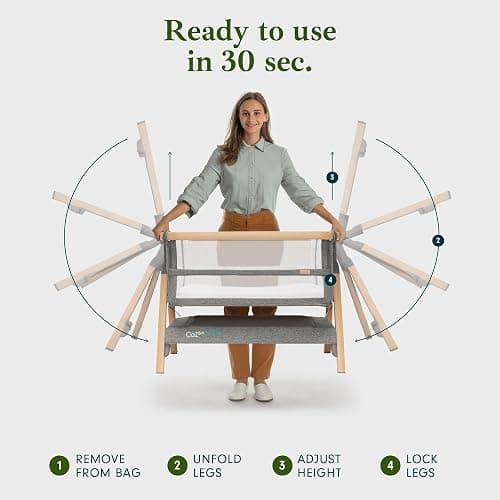 Tutti Bambini CoZee® Breeze PLUS - Extra Breathable Next To Me Crib & Standalone Baby Cot with Larger Mesh Side Windows, Easy Fold, with Mattress (0-6 months) - Oak/Charcoal thumbnail 7