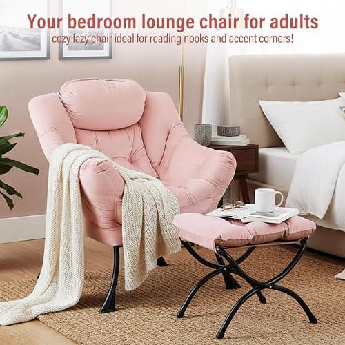 Furlide Lazy Chair with Ottoman, Modern Chair with Folding Footrest, Lounge Accent Chair, Comfortable Reading Chair, Oversized Armchairs for Bedroom, Study, Living Room, Courtyard (Pink) thumbnail 3