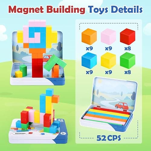 Dreamon Mini Magnetic Blocks 52PCS Travel Magnetic Building Blocks for Kids with Tin Box Magnet Cubes Montessori STEM Toy Toddlers Boys Girls Gifts Aged 3 4 5 6 Years Old thumbnail 7