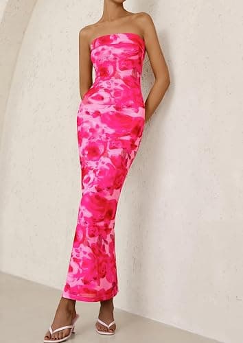 PRETTYGARDEN Womens Summer Printed Tube Maxi Dress Strapless Bodycon Sleeveless Long Beach Vacation Dresses thumbnail 8