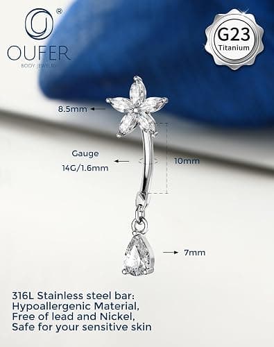 OUFER Body Piercing Belly Button Bars 316L Stainless Steel Belly Bar Rings 14G Internally CZ Dangly Navel Piercing Jewellery Butterfly Teardrop Navel Bars Women thumbnail 2