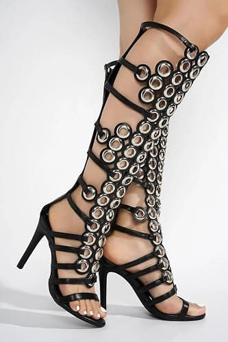 Tracieshoes Womens Gladiator Knee High Sandals with Back Zipper Metallic Circle Studded Design 4 Inch Stiletto High Heel Fashion Summer Boots thumbnail 3