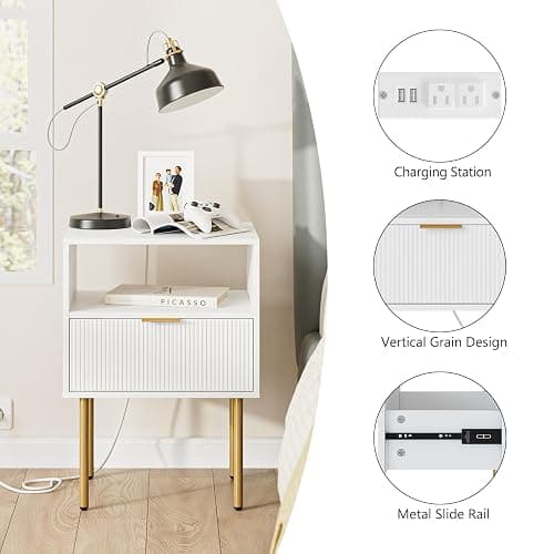 Aienvey Nightstand with Charging Station, Small Side Table, Modern Night Stand with Drawers, Bedside Table for Bedroom, Living Room End Table, White Stripe thumbnail 7