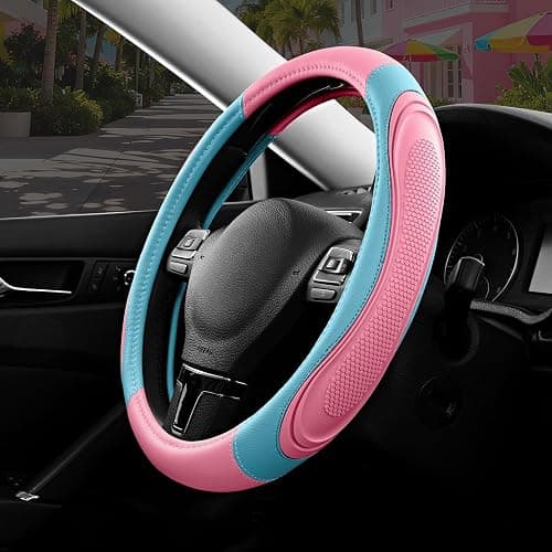 Road Comforts Car Steering Wheel Cover - Microfiber Leather Steering Wheel Wrap Sports 14.5-15 Inch Steering Wheel Cover Non-Slip for Men Women Pink & Blue Color - Image 1