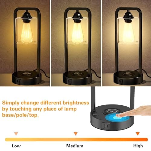 Wireless Charging Table Lamp for Bedroom Set of 2, Touch Control Dimmable with Type C USB Ports & AC Outlet Bedside Nightstand Lamp, Glass Shade Industrial Desk Lamp for Home Office, Bulbs Included thumbnail 2