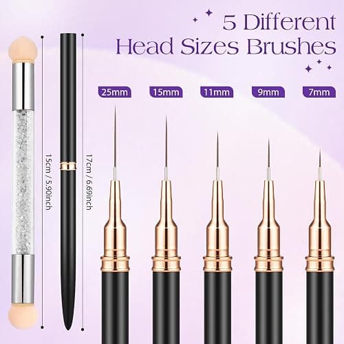 MELLIEX 6 Pièces Pinceau Nail Art Ongles Professionnel, Ultra Fin Nail Art Liner Brushes, Gel Acrylique Pinceau Ongle avec Capuchon, Double Tête Brosse éponge pour DIY Nail Art thumbnail 2