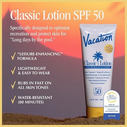 Vacation Classic Sunscreen Lotion SPF 50 & Air Freshener Bundle, Water-Resistant, Lightweight, Transparent on All Skin Tones, Dermatologist-Tested, Vegan, Travel Size, 3.4 Fl. Oz. thumbnail 2