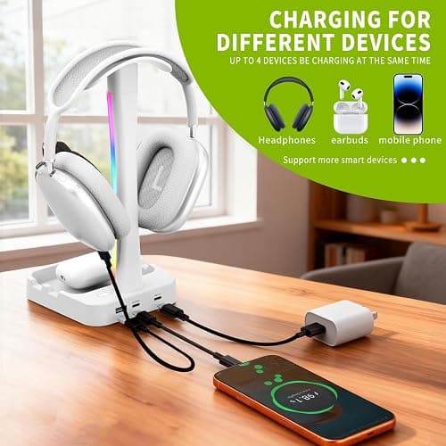 Tascaquin Headphone Stand with Charger,Gaming Headset stand with RGB Light Mode,For Airpod Max Stand,Desk Lamp,Phone Holder,Tablet Holder,desktop organizer,Gifts for Gamers & Music Lover (White) thumbnail 2