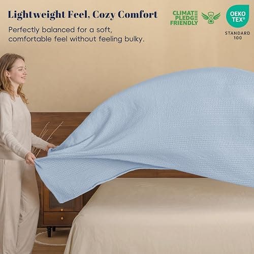 PHF Lightweight Waffle Weave Blanket Queen Size, Breathable & Ultra Soft, 90"x 90" Soft & Cozy Thin Blanket for Spring & Summer & Hot Sleepers, Bed, Home Decor - Sky Blue thumbnail 2