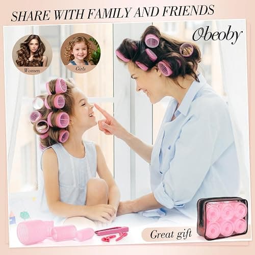 obeoby 4 Sizes Self-Grip Hair Rollers Curlers Set for Women Girls, Pink | No-heat Set with Clips Comb (25, 36, 48, 60mm) Plastic Jumbo Large Small for Long Short Curly Bangs Styling Accessories Gifts thumbnail 6