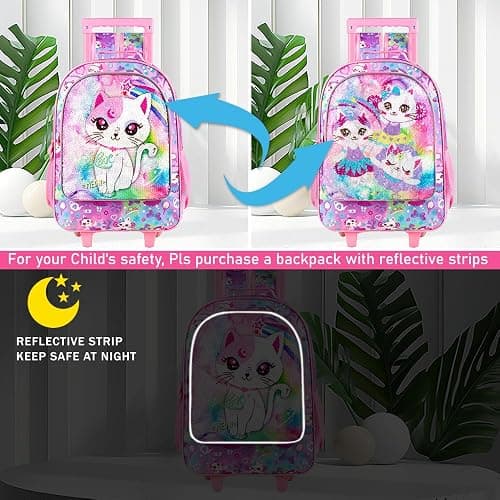 4PCS Kids Rolling Backpack for Girls, Cute Cat Sequin Wheeled Bookbag, Pink Roller School Bag with Wheels for Elementary Preschool Travel thumbnail 4