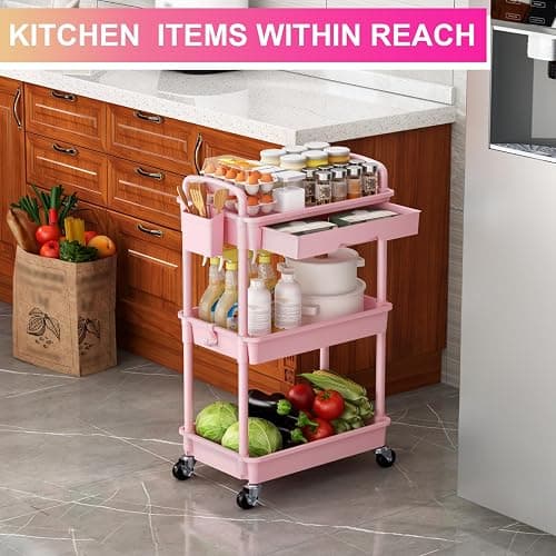 Goovilla 3 Tier Rolling Utility Cart Organizer with Removable Drawer, Stable and Sturdy Pink Rolling Storage Carts with 2 Lockable Wheels for Bathroom, Kitchen, Snack, Craft, Makeup, Baby Essentials thumbnail 7