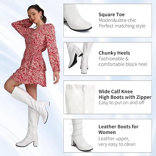 Heiyom Women's Gogo Boots Knee High Chunky Heel Square Toe 60s 70s Disco Costume Tall Boots thumbnail 5