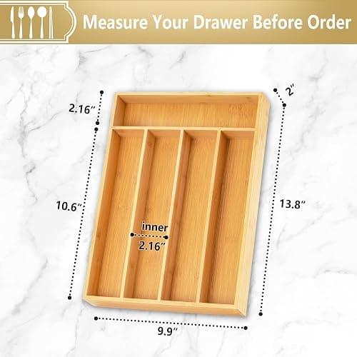 SUNBREATH Silverware Organizer, 10 Inch Utensil Organizer Kitchen Drawer Organizer Bamboo Silverware Holder Cutlery Tray Organizer in Drawer Flatware Organizer Tray(5 slots, Natural thumbnail 2