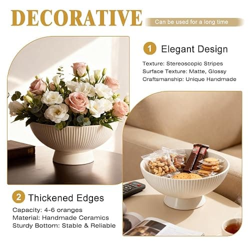 White Ceramic 8 Inch Small Decorative Bowl Fruit Bowl for Kitchen Counter Modern Pedestal Footed Centerpiece Bowl for Coffee Table & Home Decor Fall Catch-All Bowl for Key, Candy thumbnail 6
