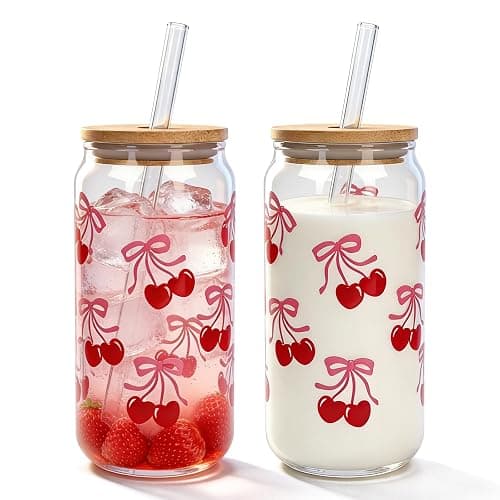 Mason Life Cherries Bows Glass Cups with Lids and Straws, 18OZ Cherry Decor Iced Coffee Cups with Lids, Cute Glass Cups Valentine's Day Gift for Women, Coquette Aesthetic Glass Cups -Set of 2 - Image 1