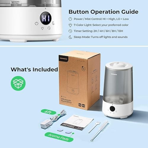 Homvana Humidifiers for Bedroom Home, 3.6 L Cool Mist Top-Fill 34H Super Long Time, Quiet 23dB, Baby Humidifier, Oil Diffuser for Large Room, Plants, Nursery, Office BPA FREE, 7 Color Light Ultrasonic thumbnail 8