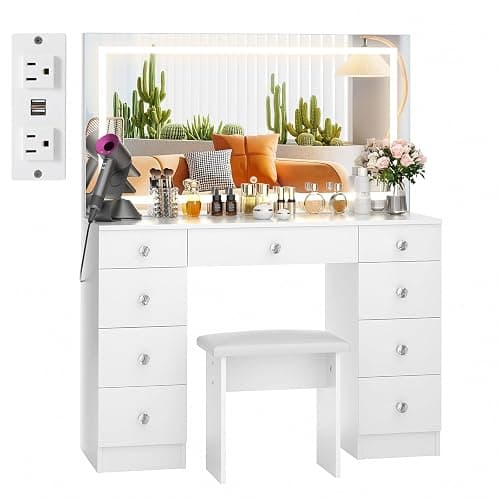 VOWNER Vanity With Lighted Mirror - Makeup Desk With Power Outlet and 9 Drawers, 3 Color Lighting Modes Adjustable Brightness, 43" Table With Soft Cushioned Stool for Bedroom, White thumbnail 9