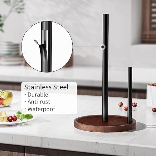 Chinpakden Countertop Paper Towel Holder Wooden - Kitchen Paper Towel Holder Stainless Steel with Real Wood Base, Farmhouse Paper Towel Roll Dispenser Fits Standard and Jumbo Size Paper Towels. thumbnail 4