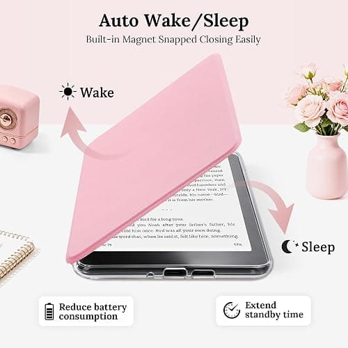 Vane Oak Magnetic Rotating Stand Case for 7'' Kindle Paperwhite & Colorsoft | Magnetic Detachable, Adjustable Stand, Auto Wake/Sleep, Clear PC Case, Soft TPU Edge, Hand Strap, Anti-Slip Grooves, Pink thumbnail 8