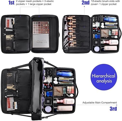 Relavel Extra Large Makeup Case Travel Makeup Train Case Professional Makeup Artist Bag Portable Nail Organizer Box Art Supply Case with Adjustable Dividers/Attach to Trolley/Shoulder Strap (Black) thumbnail 5