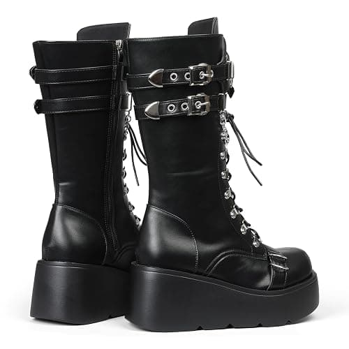 Yremael Women's Black Platform Boots Wedge Combat Gothic Chunky Heel Lace Up Mid Calf Punk Motorcycle Shoes thumbnail 3
