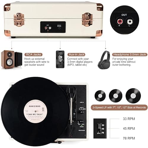 Retrolife® Record Player,3-Speed Bluetooth Suitcase Vinyl Player-White | Built-in Stereo Speakers, Portable Turntable Plays 7/10/12" Records, 33/45/78 RPM, Bluetooth Streaming, RCA/Headphone Jack thumbnail 3