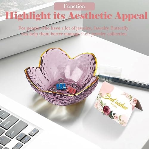 Purple Flower Jewelry Dish Glass Ring Holder Dish Jewelry Tray Cute Vanity Organizer Aesthetic Nightstand Bathroom Room Decor Trinket Dish Mothers Day Friendship Christmas Birthday Gifts for Women thumbnail 7