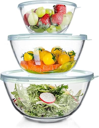 Luvan High Borosilicate Glass Mixing Salad Bowls with Lids 3 Piece(4.5QT,2.7QT,1.1QT),Large Kitchen Nesting Bowls with Airtight Lids Great for Food Storage, Cooking, Baking, Prepping -Clear - (3 pieces with lid ) - (3 Pieces With Lid ) - Image 1