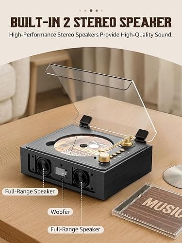 CD Player with Built-in Speakers Bluetooth CD Players for Home Nostalgic Desktop CD Players Music Box Player with Stereo Sound thumbnail 2