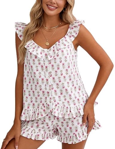 Flygo Cotton Pajamas for Women Set Floral Pajama Sets Ruffle Cami Top and Shorts Cute Summer Outfits Y2K Sleepwear - Image 1