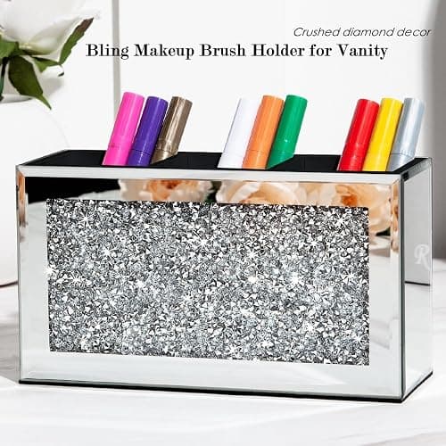 SHYFOY Mirrored Makeup Brush Holder Organizer, 3 Slot Glass Cosmetics Brushes Storage Holders with Crystal Crushed Diamond, Cute Pen and Pencil Holder for Desk, Eyeliners Display Case for Vanity thumbnail 2