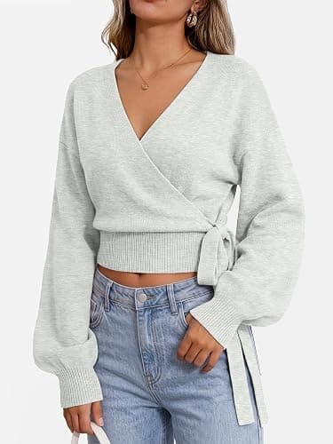 Trendy Queen Womens Wrap Cropped Open Front Pullover Sweater Tops 2026 | Lightweight Soft Knit, Adjustable Side Tie, Easy Layering Piece, Fall Fashion Staple thumbnail 3