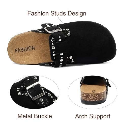 YorFotMae Womens Suede Clogs Mens Leather Slip On Mules Comfortable Adjustable Buckle Arch Support Slippers Cork Footbed Studded Potato Shoes thumbnail 5