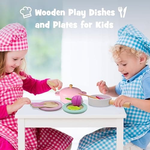 SimpliPlay Wooden Toy Plates and Dishes for Kitchen Set, 30PCS Montessori Play Kitchen Accessories for Toddlers with Toy Pots and Pans, Wooden Play Cooking Set for 3-8 Years Girls & Boys thumbnail 2