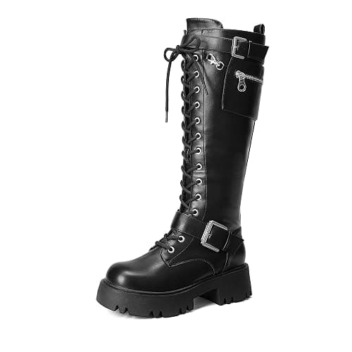 DREAM PAIRS Womens Knee High Combat Boots Platform Heels | Gothic Motorcycle, Metallic, Lace-up, Inside Zipper, Removable Pocket, Non-slip TPR Outsole, Versatile for Everyday Wear - Image 1