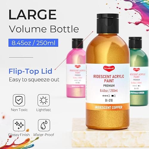 Smallbudi Iridescent Acrylic Paint Set, 20 Colors Bulk Color Shifting Paint | 250ml/8.45oz Large Bottles Fluid Painting Medium, Non Toxic Pearlescent Chameleon Craft Paint for Canvas Rocks Wood Crafts thumbnail 5