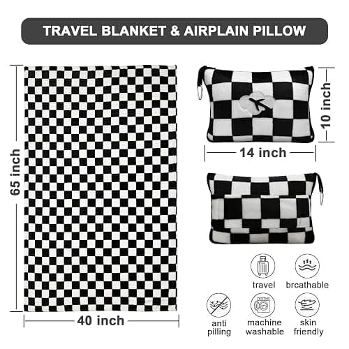 Travel Blanket and Pillow Compact, Premium Soft 2 in 1 Airplane Blanket with Soft Bag Pillowcase，Hand Luggage Sleeve and Backpack Clip (Checkered Black) thumbnail 2