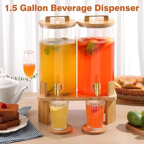 1.5 Gallon 2PCS Glass Drink Dispenser for Parties,Beverage Dispenser with Wooden Stand, Lemonade Dispenser,Juice Containers & Water Pitcher with Lid for Lemonade, Iced Tea and Party Drinks thumbnail 7