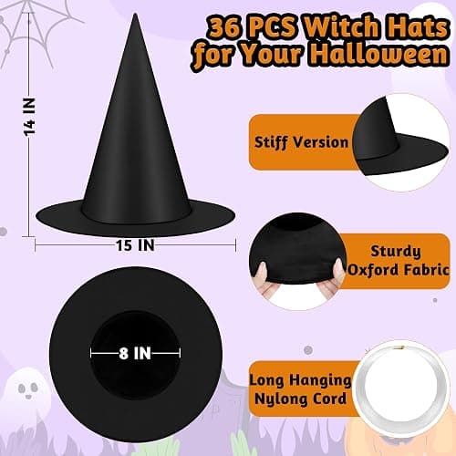 Luces 12 PCS Witch Hats, Thickened Hanging Witches Hats Halloween Decor | Black Witch Hat with 164 FT Rope Wizard Decor to Hang from Ceiling, Halloween Decorations Witch Costume Accessory thumbnail 2