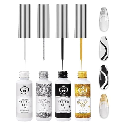 GOICC Gel Nail Art Polish Set with Thin Brush – 4 Colors White Gel Nail Polish Black Silver Glitter Liner for Nail Art Design French Tips Soak Off UV/LED 8ml