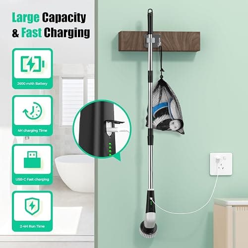 YKYI Electric Spin Scrubber, Cordless Power Scrubber Cleaning Tool with 8 Replaceable Heads and Extension Handle for Bathroom, Tub, Tile, Floor, Grout and Car (White) thumbnail 7