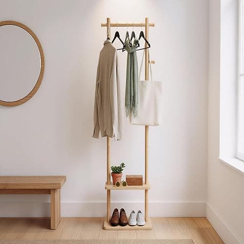GZQXHOME Wooden Coat Rack Freestanding,Hall Tree with Sturdy Base,Clothing Rack for Hanging Clothes,Small Clothes Rack with 3 Storage Shelves,Space Saving for Entryway, Hallway, Bedroom (Natural) - Image 1