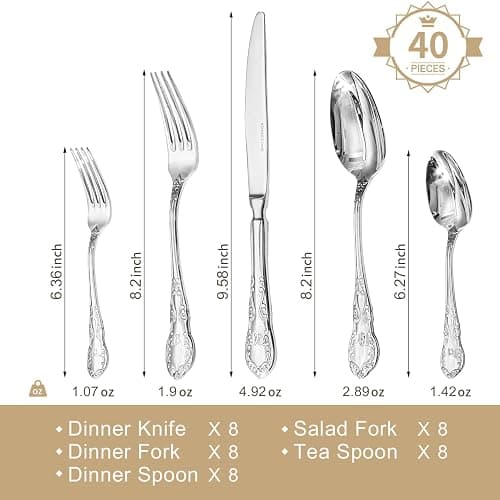 KINGSTONE Vintage Silverware Set, 40-Piece 18/10 Stainless Steel Retro Royal Flatware Cutlery Set for 8 with Carved Thick Handles, Tableware Utensils for Home,Party,Restaurant,Wedding,Dishwasher Safe thumbnail 3