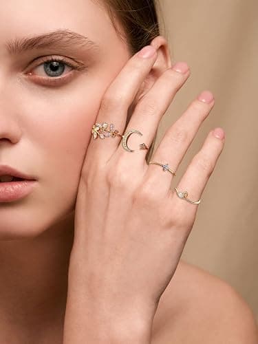 HUASAI Gold Stackable Rings for Women Stocking Stuffers for Teen Girls Trendy Cute Rings Boho Moon Star Butterfly Knuckle Ring Set Dainty Gold Rings Pack Teen Girl Christmas Gifts Jewelry Gifts thumbnail 9