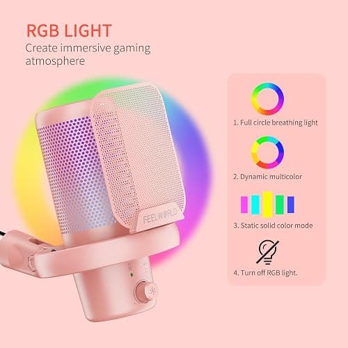 FEELWORLD VM1 Pink USB Gaming Condenser Microphone for pc, Boom Arm Stand | Noise Cancellation, Mute, RGB Light, Gaming Equipemnt, for Gifts YouTube Twitch Podcast Streaming Recording thumbnail 4
