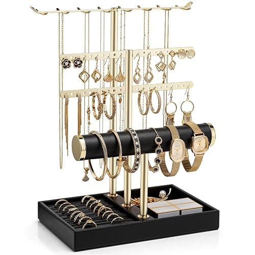Vlando 3 Tier Jewelry Stand Organizer with Tary, Leather Jewelry Holder Display for Women, Gold Jewlery Holder Display for Necklace, Earring, Bracelet, Rings - Black - Image 1